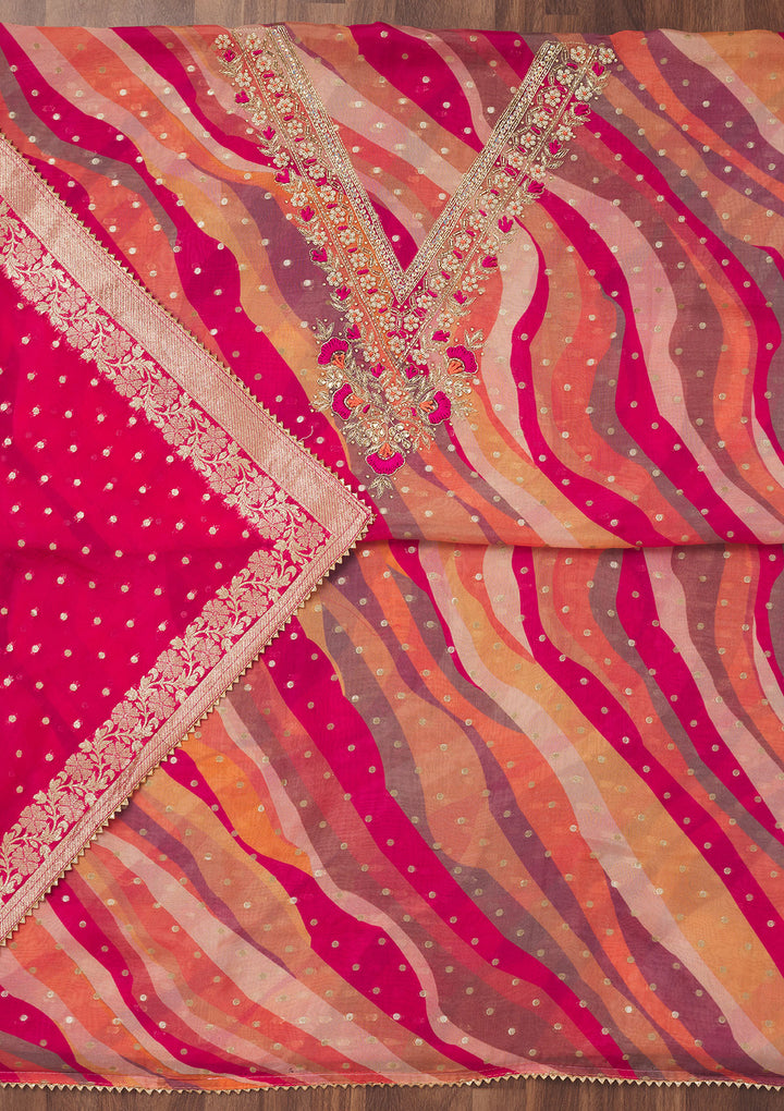 Rani Pink Multi Organza Abstract Geometric Threadwork Unstitched Dress Material With Matching Bottom And Dupatta
