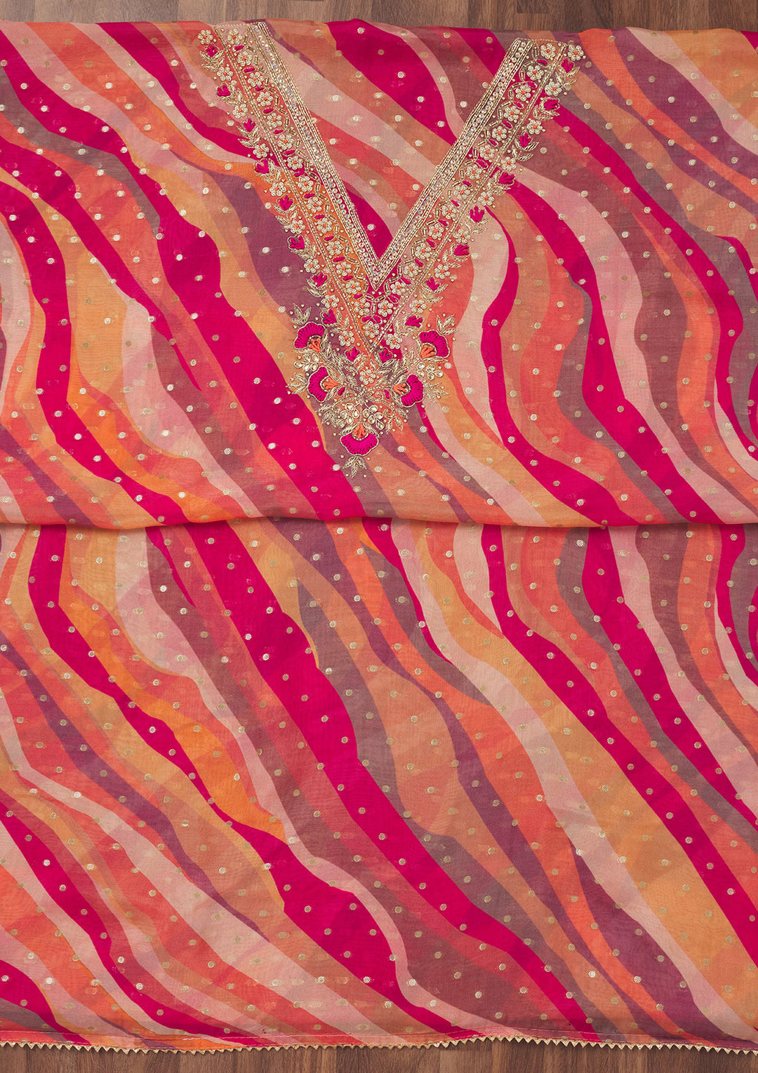 Rani Pink Multi Organza Abstract Geometric Threadwork Unstitched Dress Material With Matching Bottom And Dupatta