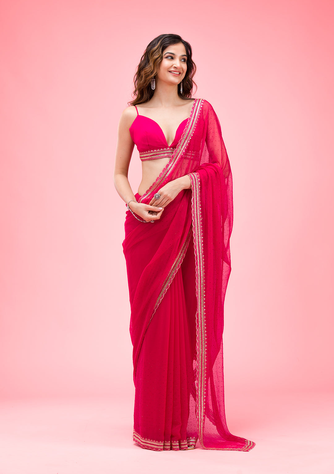 Rani Pink Chiffon Gold Zariwork Saree With Matching Blouse Piece