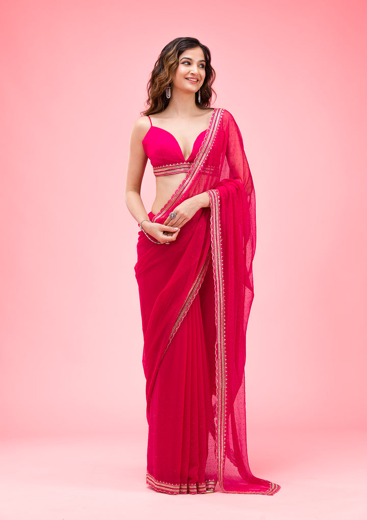Rani Pink Chiffon Gold Zariwork Saree With Matching Blouse Piece