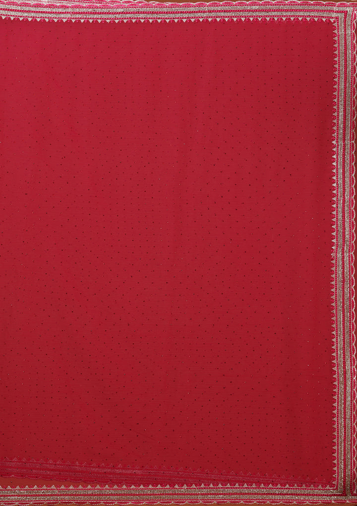 Rani Pink Chiffon Gold Zariwork Saree With Matching Blouse Piece