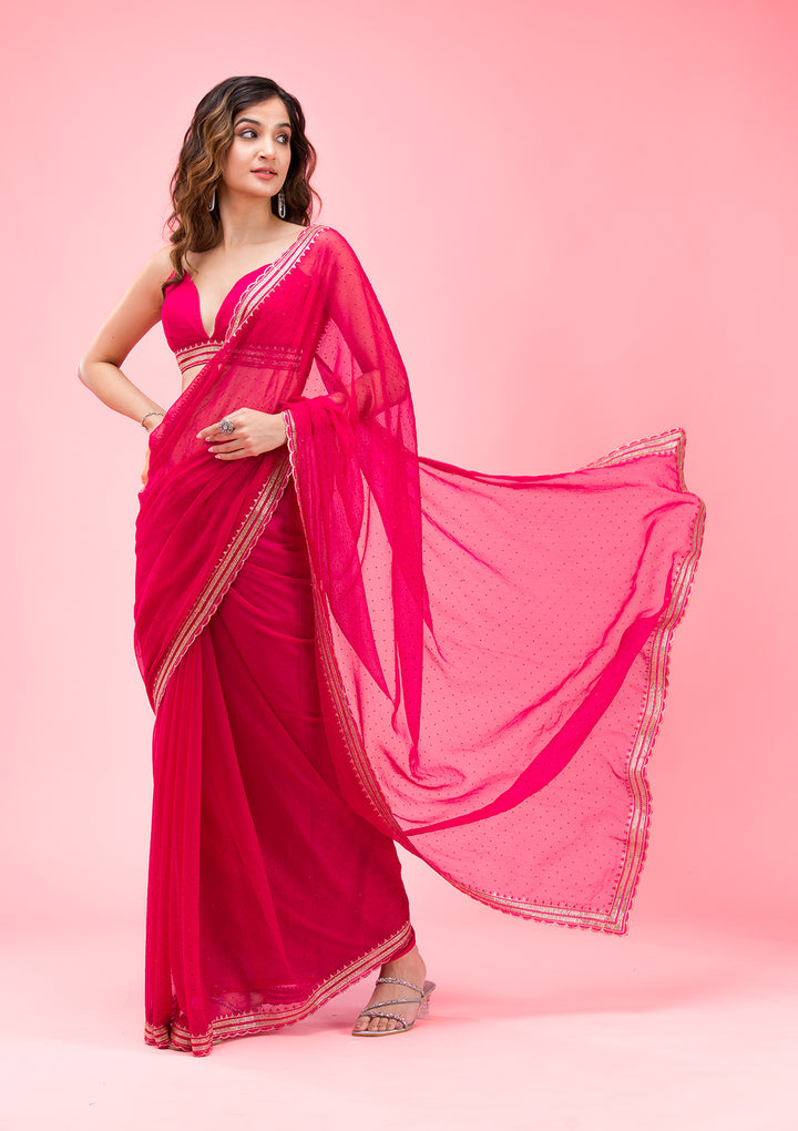 Rani Pink Chiffon Gold Zariwork Saree With Matching Blouse Piece