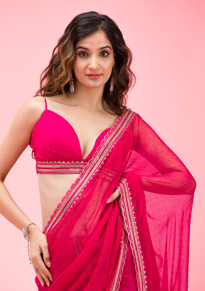 Rani Pink Chiffon Gold Zariwork Saree With Matching Blouse Piece