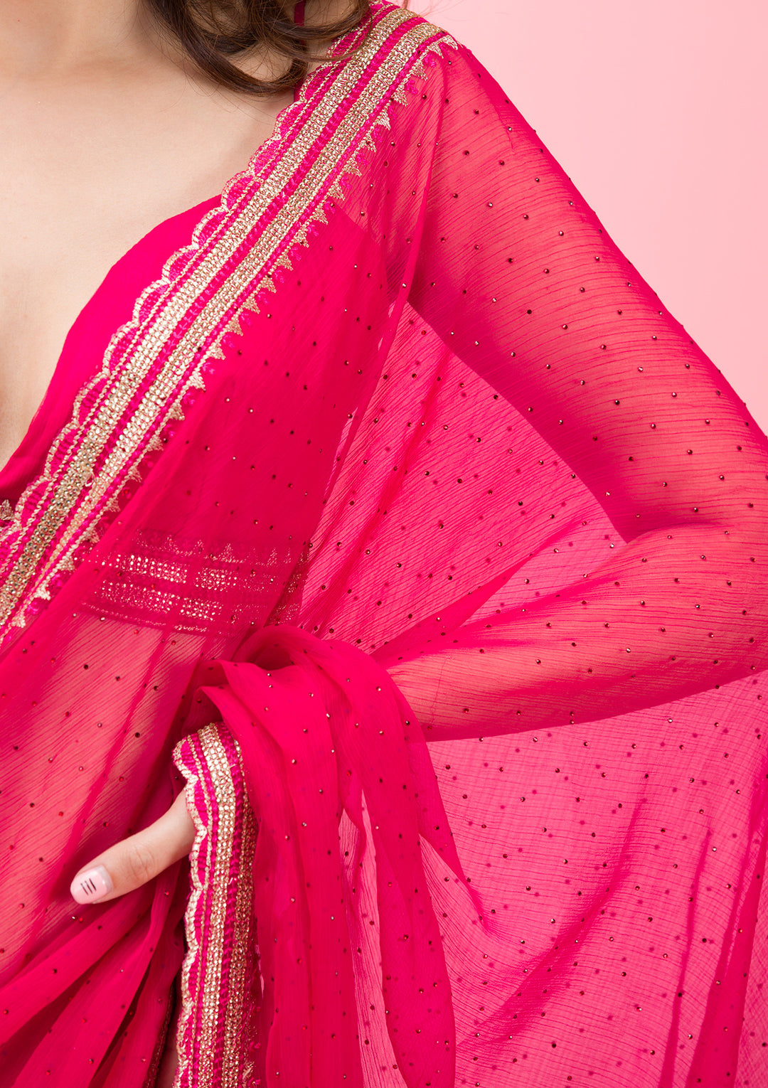 Rani Pink Chiffon Gold Zariwork Saree With Matching Blouse Piece
