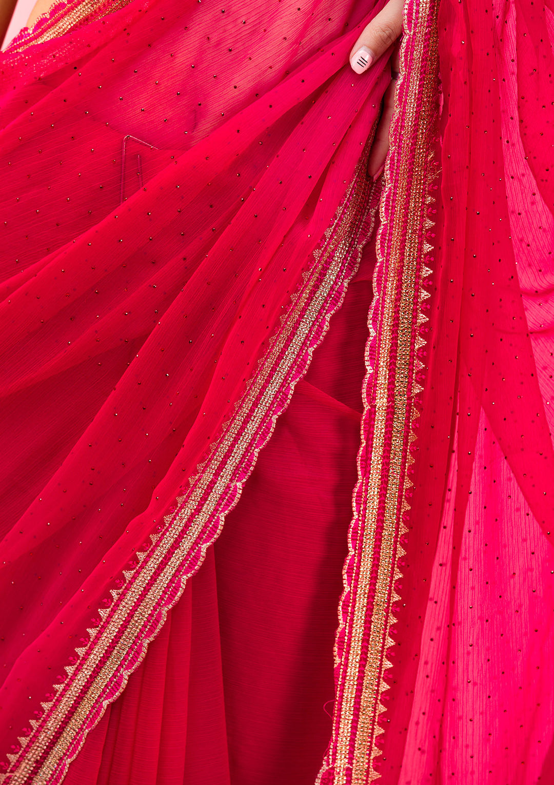 Rani Pink Chiffon Gold Zariwork Saree With Matching Blouse Piece