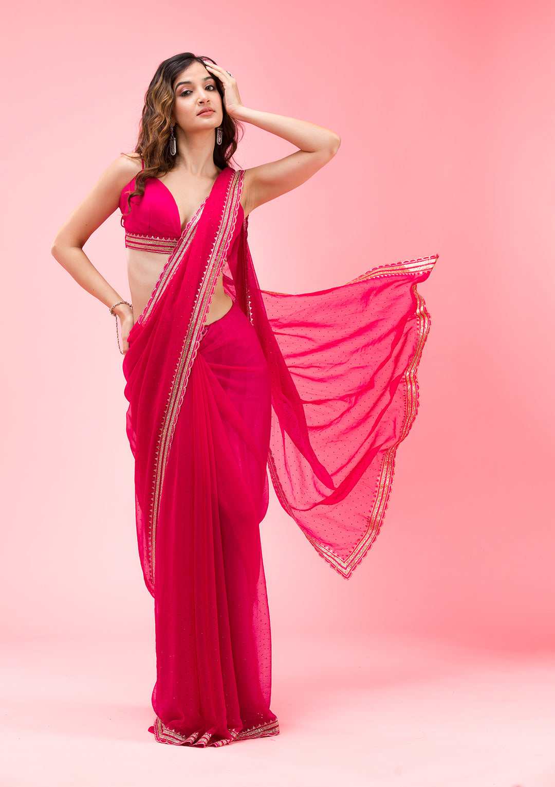 Rani Pink Chiffon Gold Zariwork Saree With Matching Blouse Piece