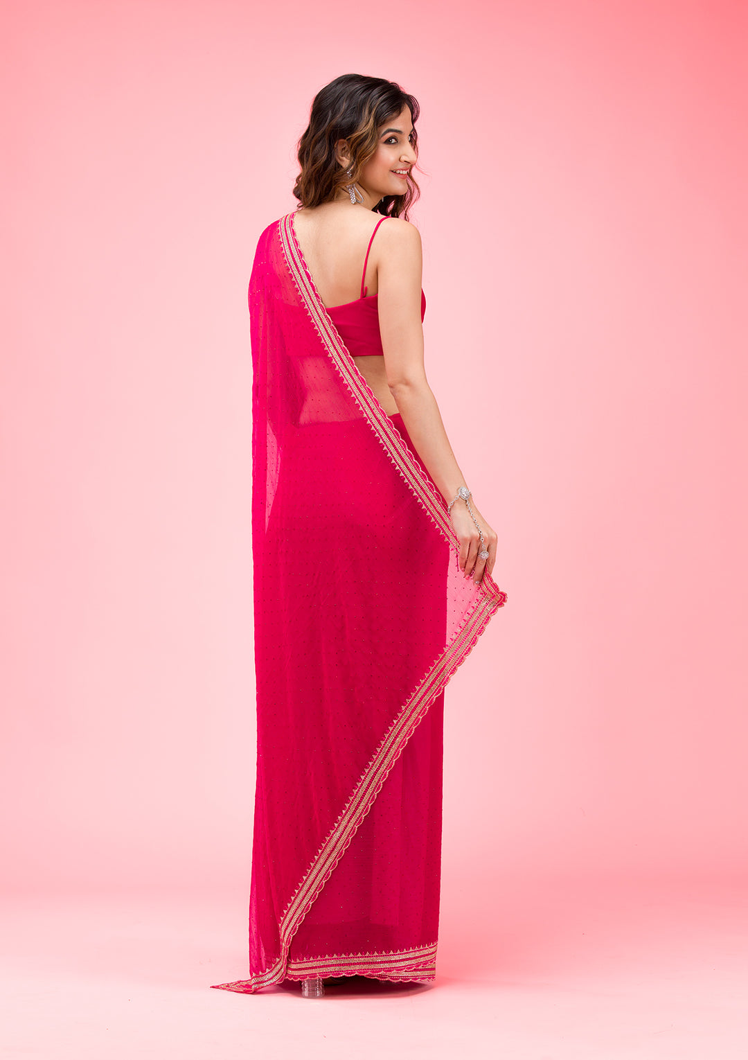 Rani Pink Chiffon Gold Zariwork Saree With Matching Blouse Piece