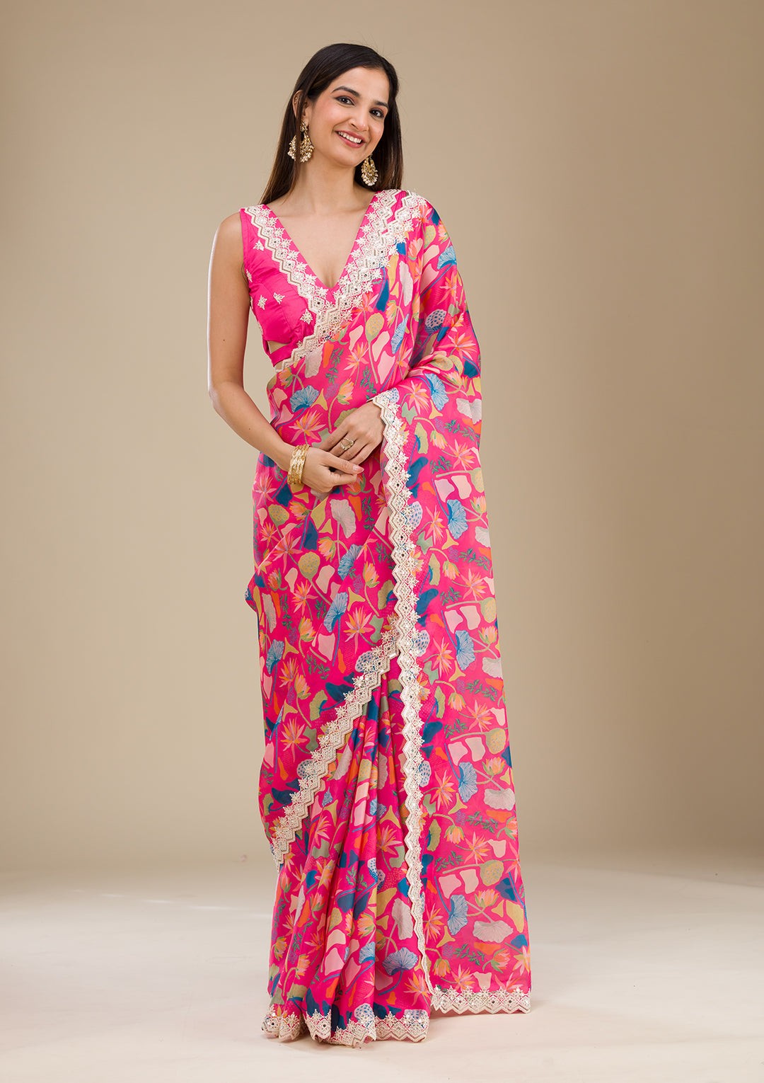 Rani Pink Georgette Floral Gold Zariwork Saree With Matching Blouse Piece