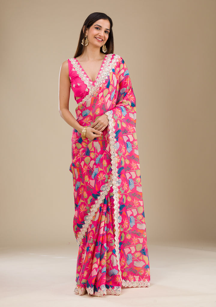Rani Pink Georgette Floral Gold Zariwork Saree With Matching Blouse Piece