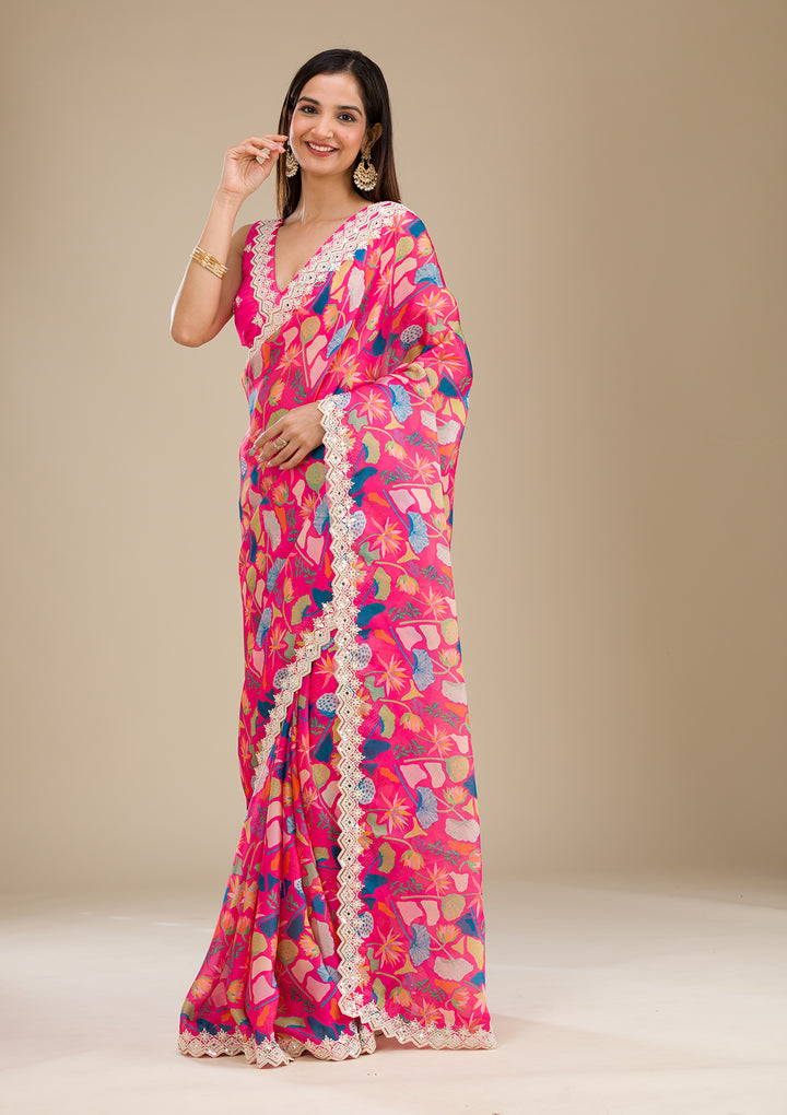 Rani Pink Georgette Floral Gold Zariwork Saree With Matching Blouse Piece