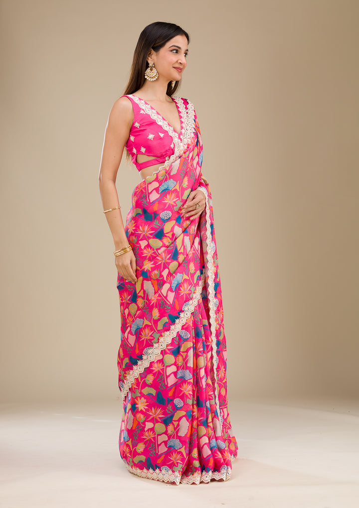 Rani Pink Georgette Floral Gold Zariwork Saree With Matching Blouse Piece