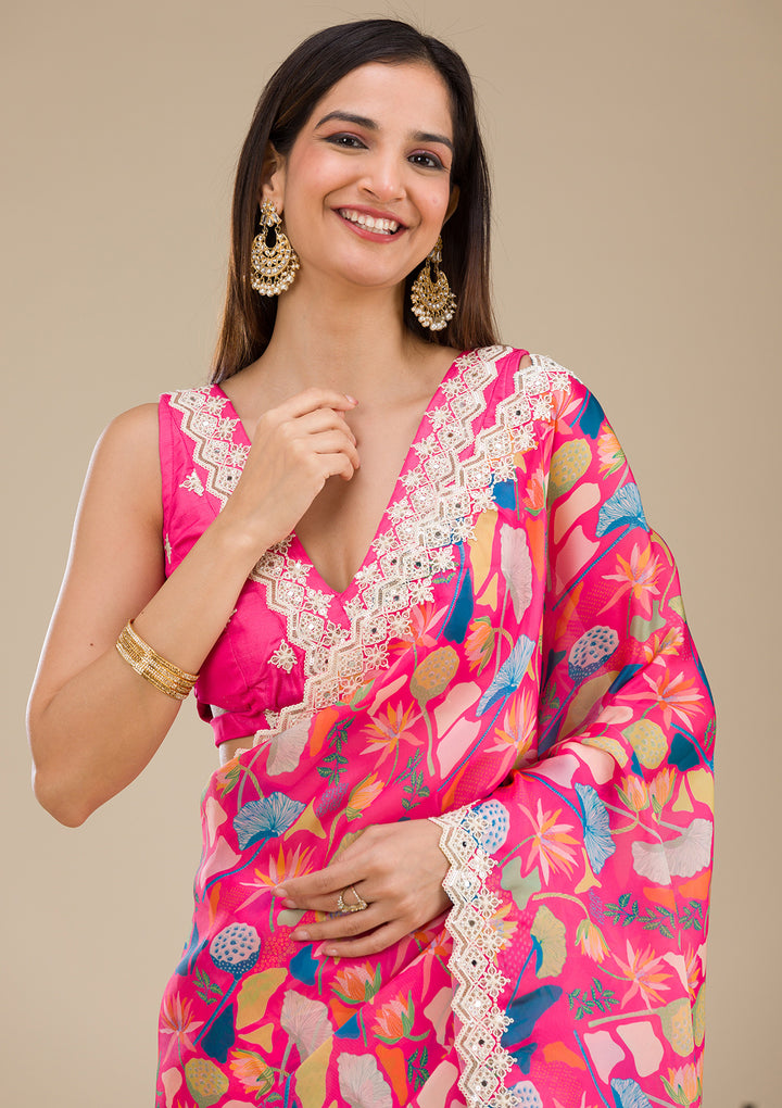 Rani Pink Georgette Floral Gold Zariwork Saree With Matching Blouse Piece