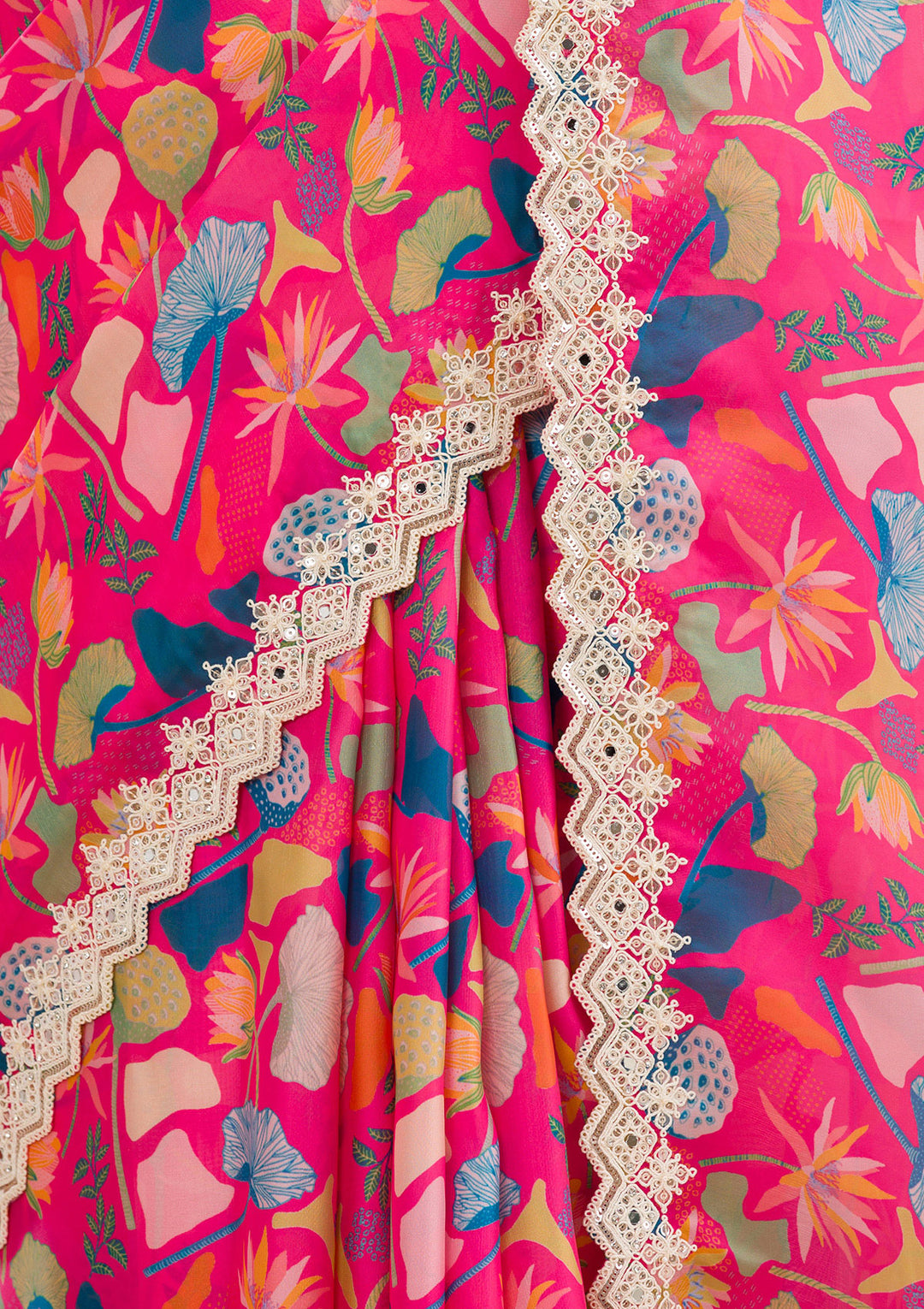Rani Pink Georgette Floral Gold Zariwork Saree With Matching Blouse Piece