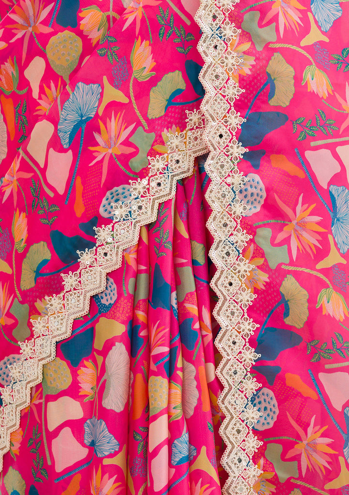 Rani Pink Georgette Floral Gold Zariwork Saree With Matching Blouse Piece