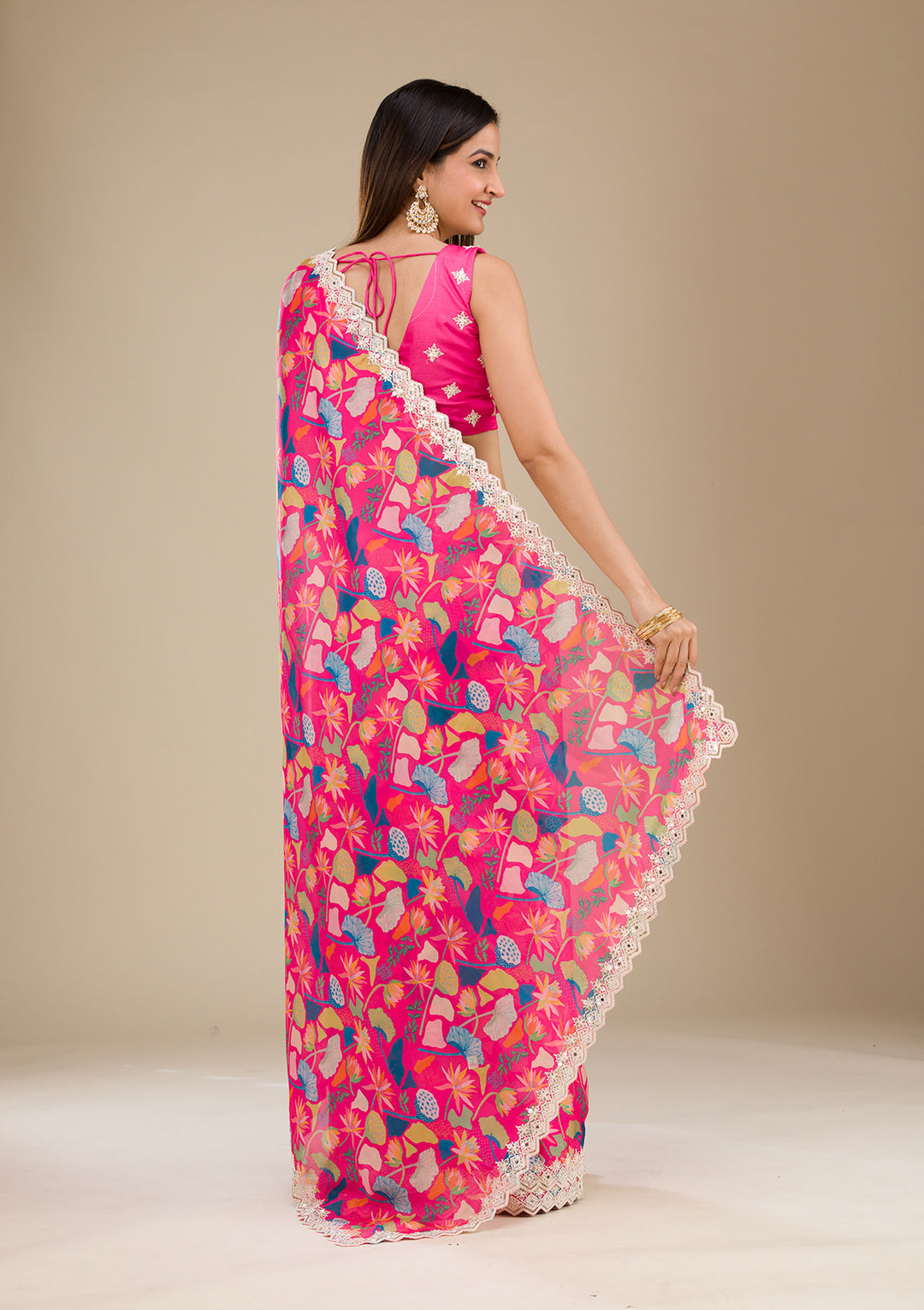 Rani Pink Georgette Floral Gold Zariwork Saree With Matching Blouse Piece