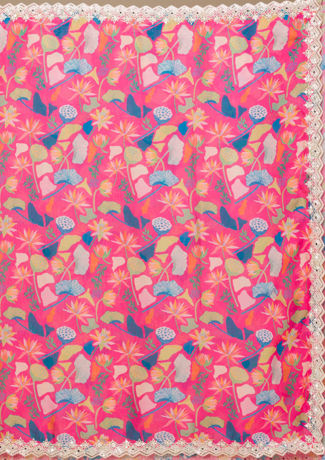Rani Pink Georgette Floral Gold Zariwork Saree With Matching Blouse Piece