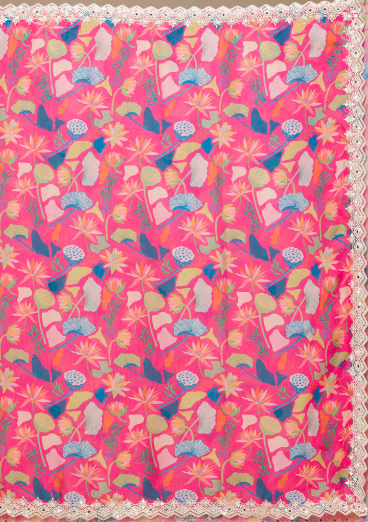 Rani Pink Georgette Floral Gold Zariwork Saree With Matching Blouse Piece