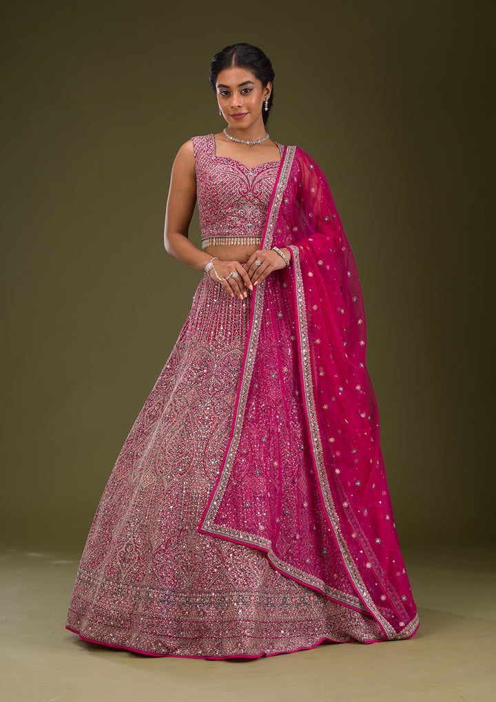 Koskii Pink Net Lehenga – Exquisite Threadwork Elegance