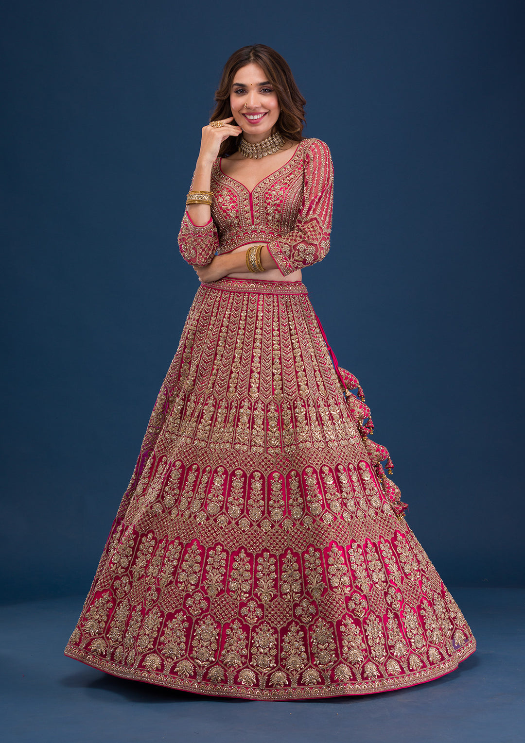 Koskii Net Maroon Lehenga – Exquisite Threadwork for Wedding Elegance