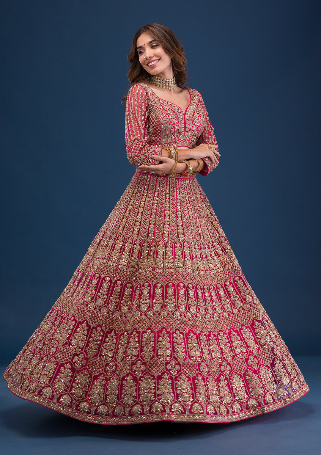 Koskii Net Maroon Lehenga – Exquisite Threadwork for Wedding Elegance