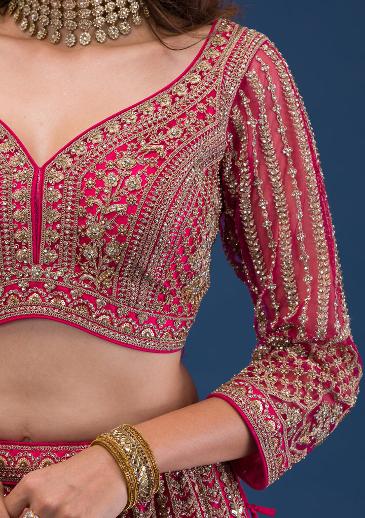 Koskii Net Maroon Lehenga – Exquisite Threadwork for Wedding Elegance