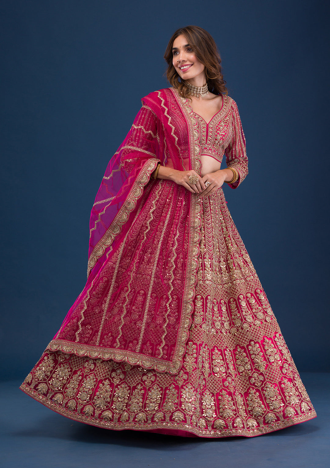 Koskii Net Maroon Lehenga – Exquisite Threadwork for Wedding Elegance
