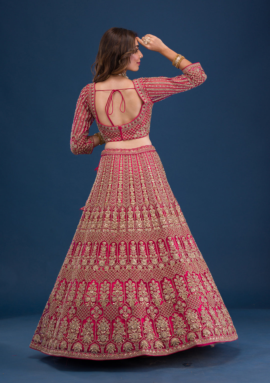 Koskii Net Maroon Lehenga – Exquisite Threadwork for Wedding Elegance