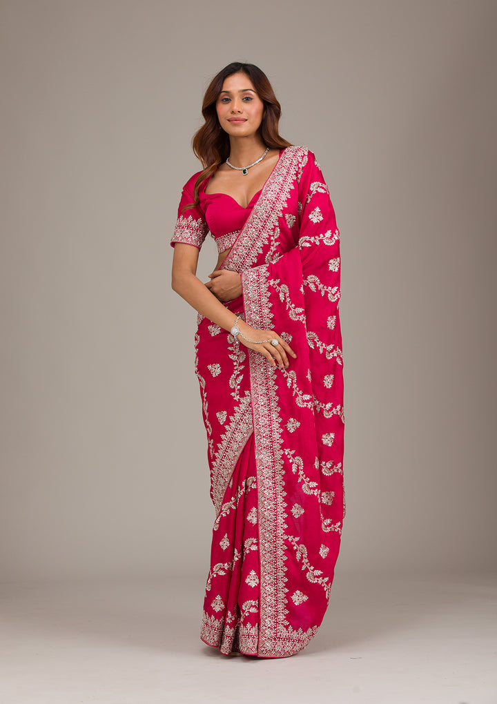 Rani Pink Satin Silver Zariwork Saree With Matching Blouse Piece