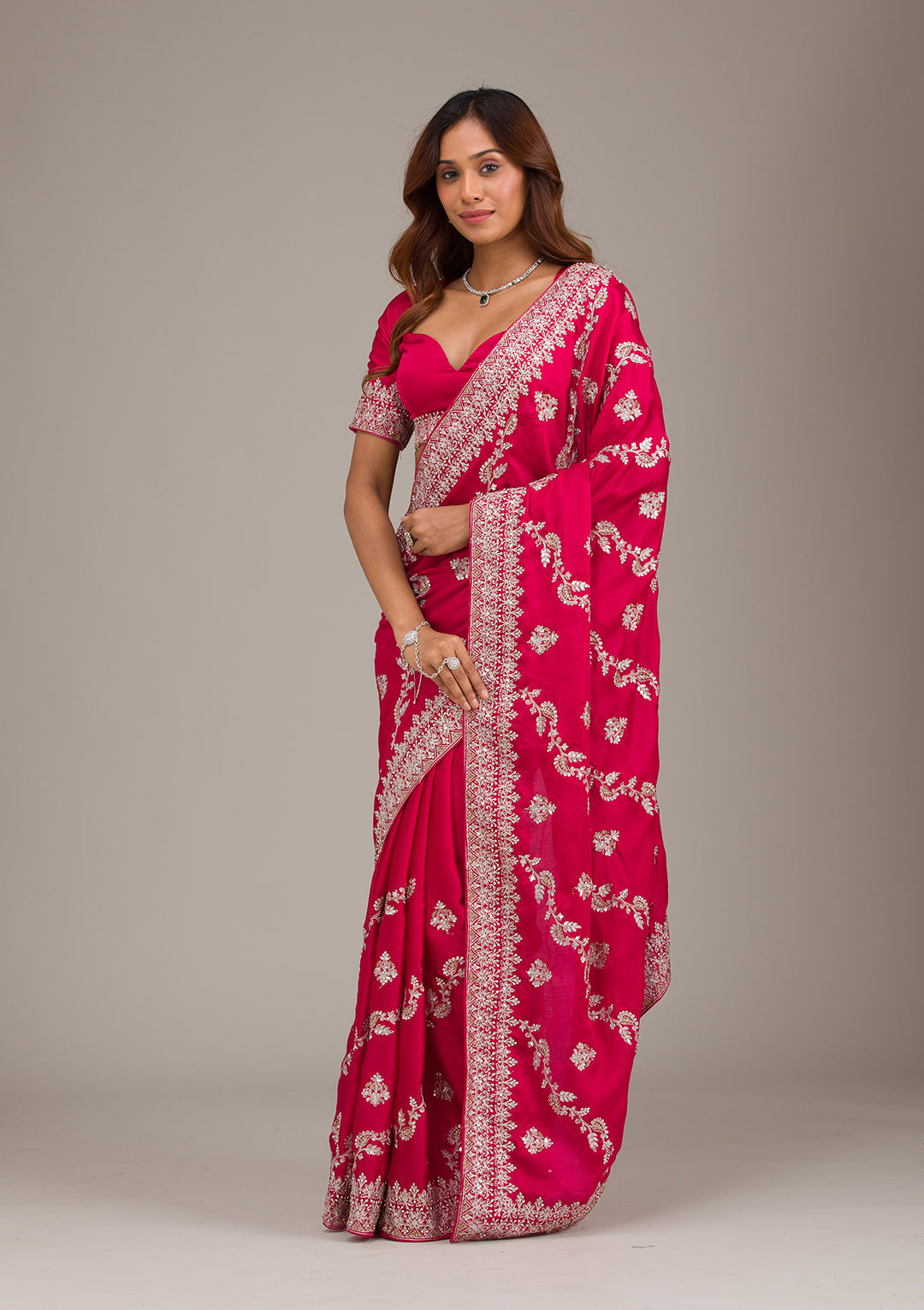 Rani Pink Satin Silver Zariwork Saree With Matching Blouse Piece