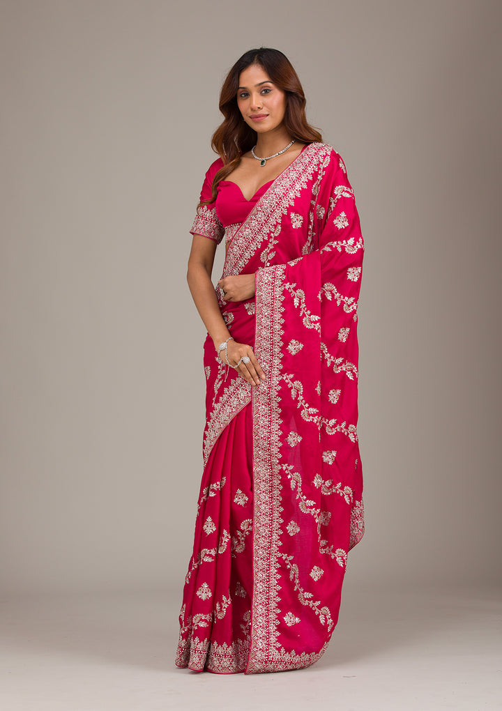 Rani Pink Satin Silver Zariwork Saree With Matching Blouse Piece