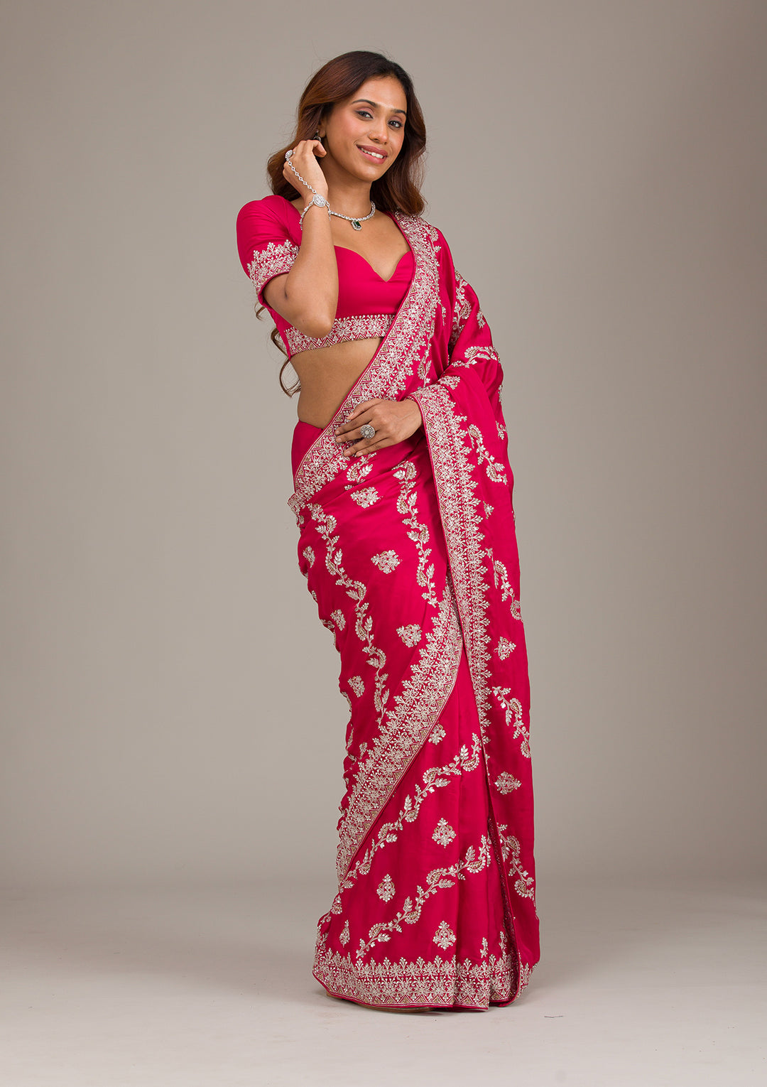 Rani Pink Satin Silver Zariwork Saree With Matching Blouse Piece