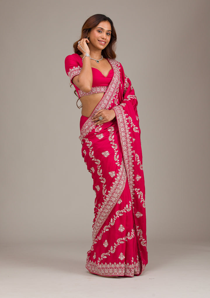 Rani Pink Satin Silver Zariwork Saree With Matching Blouse Piece