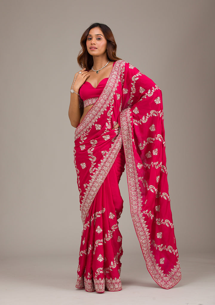 Rani Pink Satin Silver Zariwork Saree With Matching Blouse Piece