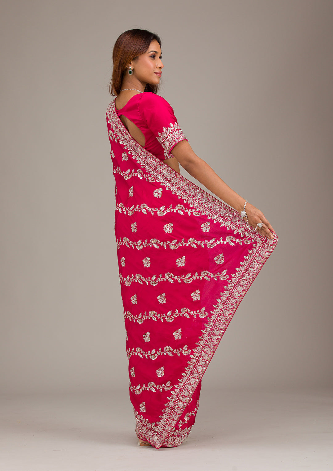Rani Pink Satin Silver Zariwork Saree With Matching Blouse Piece