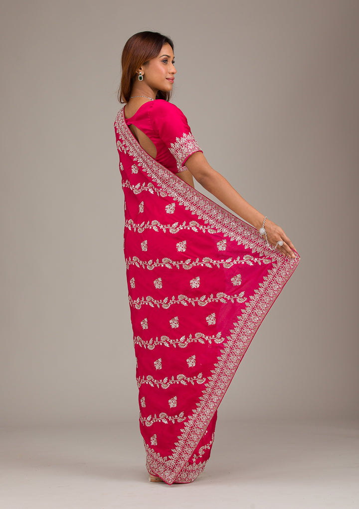 Rani Pink Satin Silver Zariwork Saree With Matching Blouse Piece