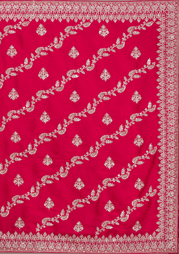 Rani Pink Satin Silver Zariwork Saree With Matching Blouse Piece