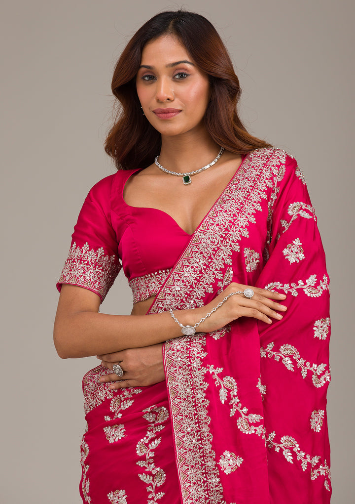 Rani Pink Satin Silver Zariwork Saree With Matching Blouse Piece