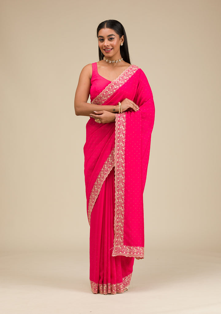 Rani Pink Soft Raw Silk Gold Zariwork Saree With Matching Blouse Piece
