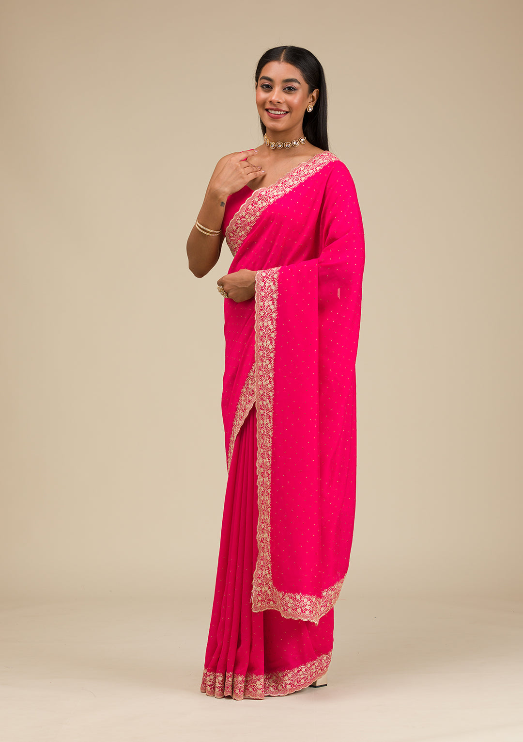 Rani Pink Soft Raw Silk Gold Zariwork Saree With Matching Blouse Piece