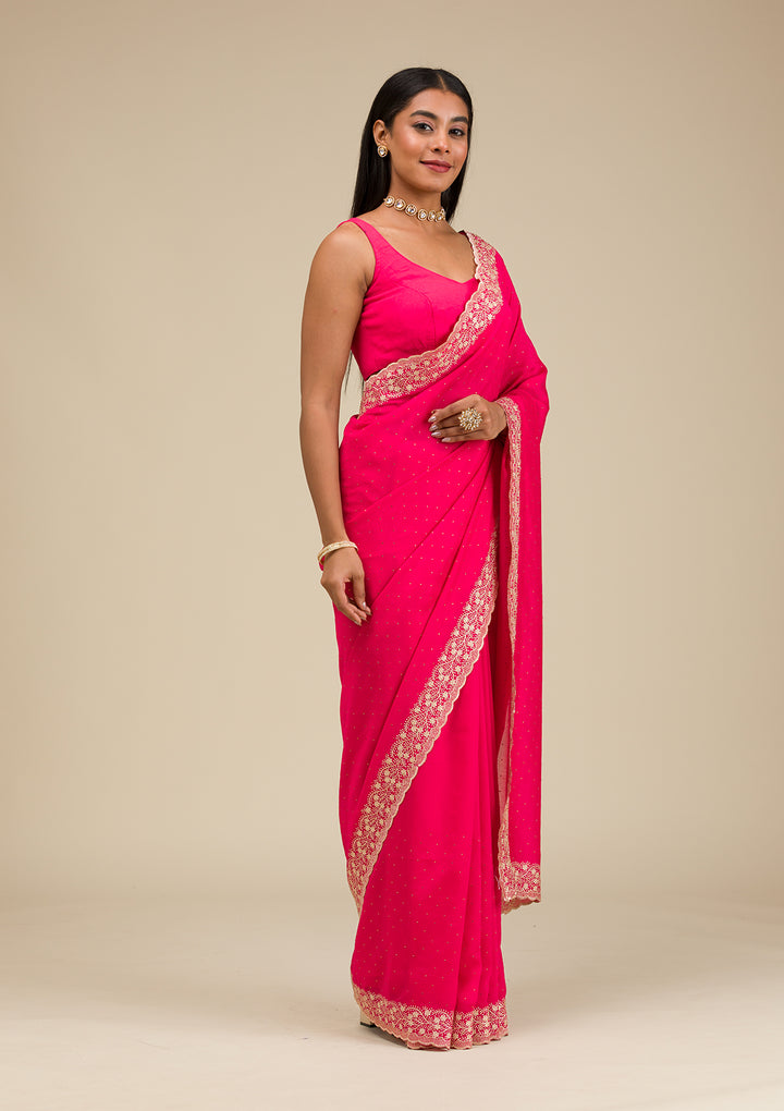 Rani Pink Soft Raw Silk Gold Zariwork Saree With Matching Blouse Piece