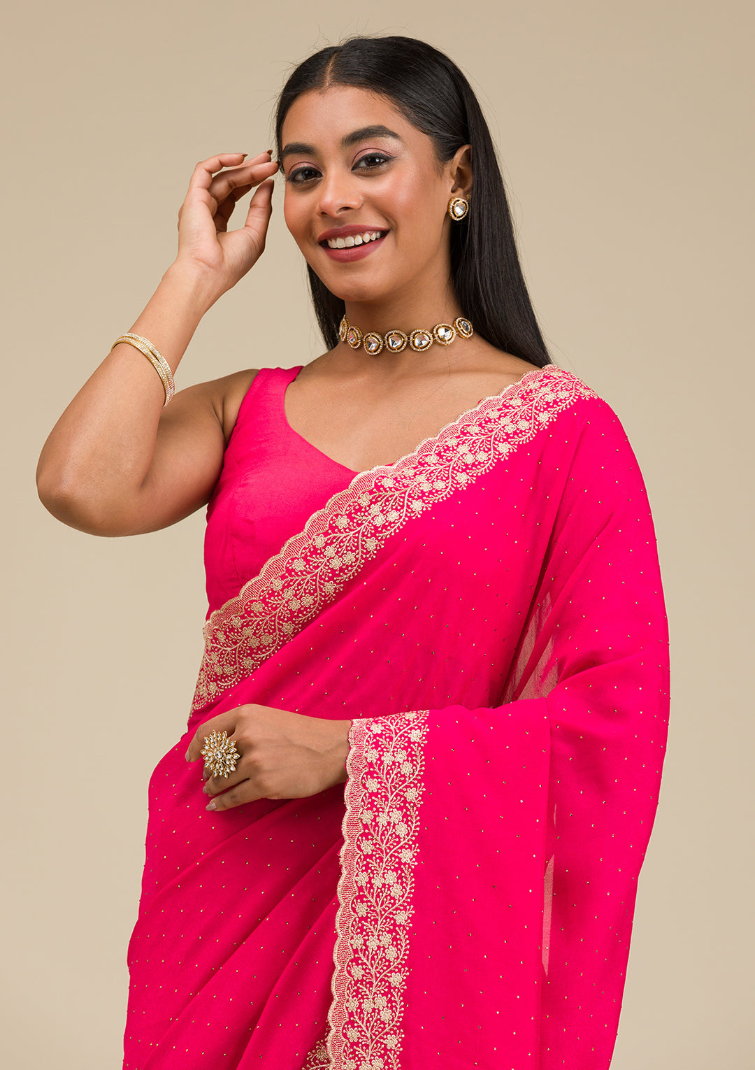 Rani Pink Soft Raw Silk Gold Zariwork Saree With Matching Blouse Piece