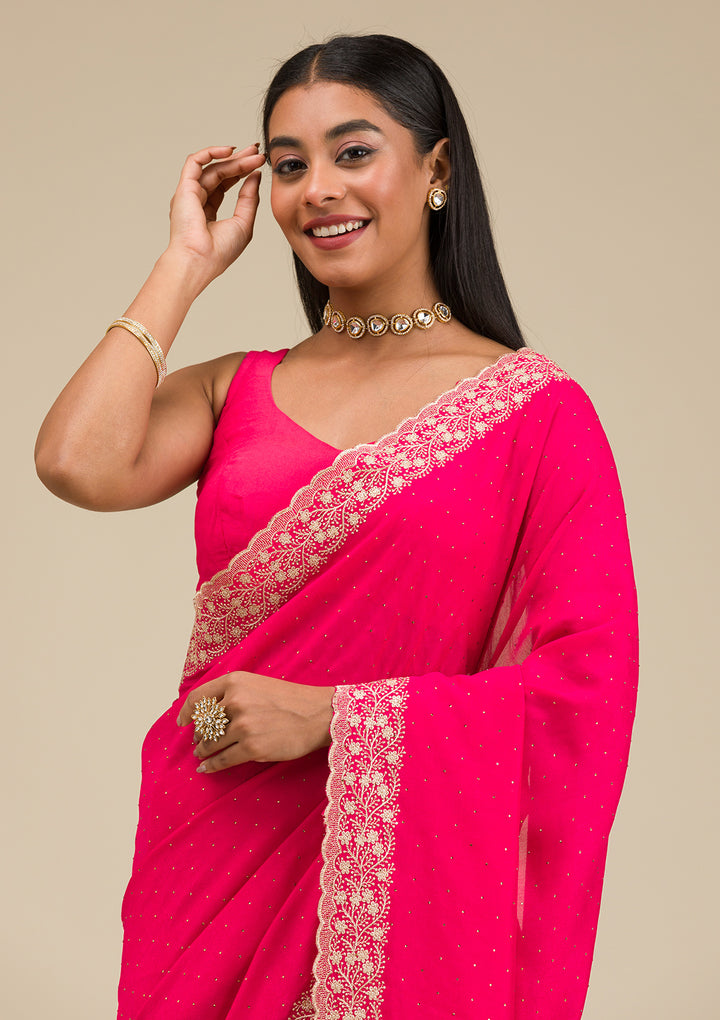 Rani Pink Soft Raw Silk Gold Zariwork Saree With Matching Blouse Piece