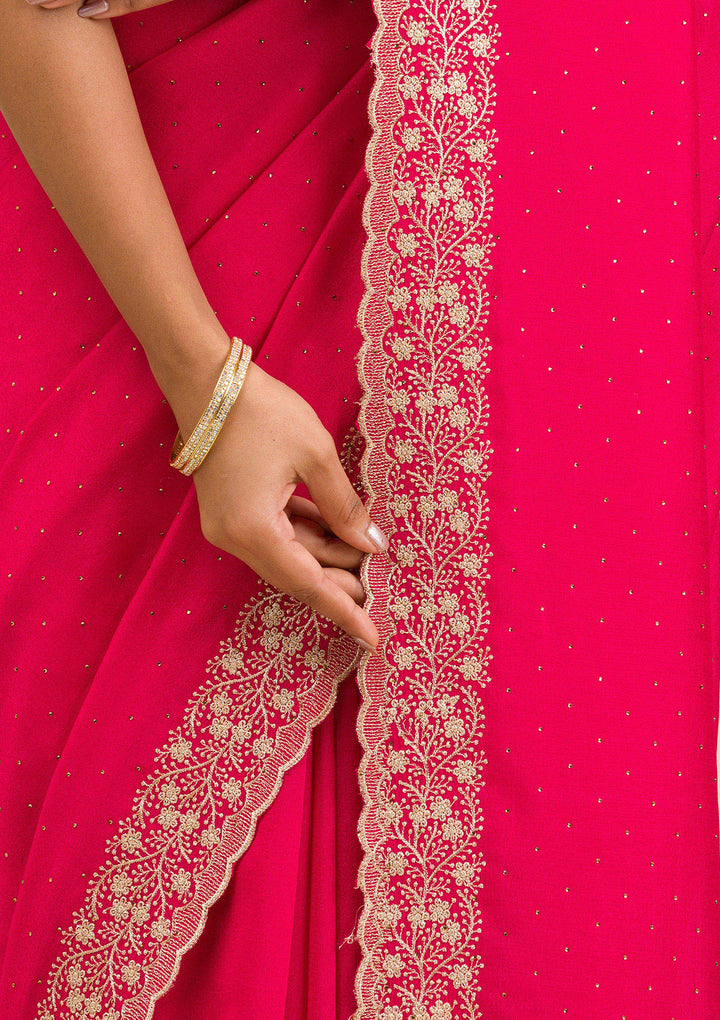 Rani Pink Soft Raw Silk Gold Zariwork Saree With Matching Blouse Piece
