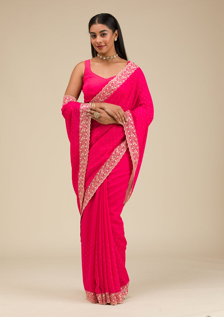 Rani Pink Soft Raw Silk Gold Zariwork Saree With Matching Blouse Piece