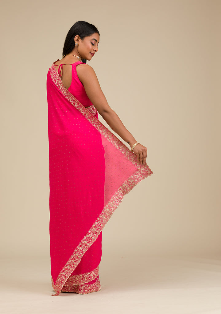 Rani Pink Soft Raw Silk Gold Zariwork Saree With Matching Blouse Piece