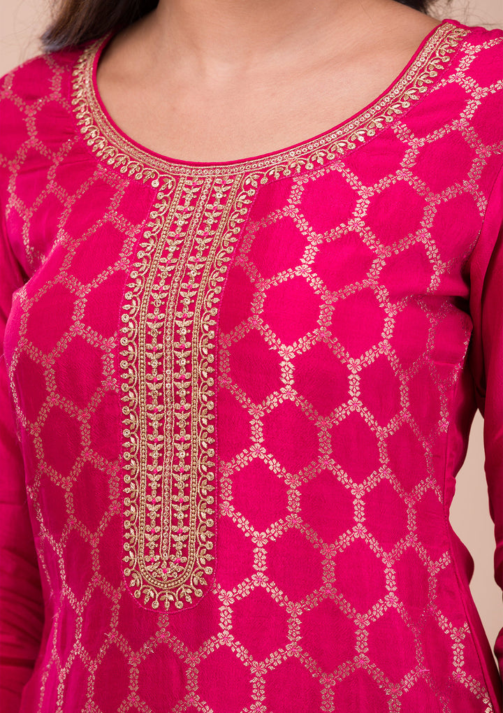 Rani Pink Zariwork Art Silk Readymade Salwar Suit