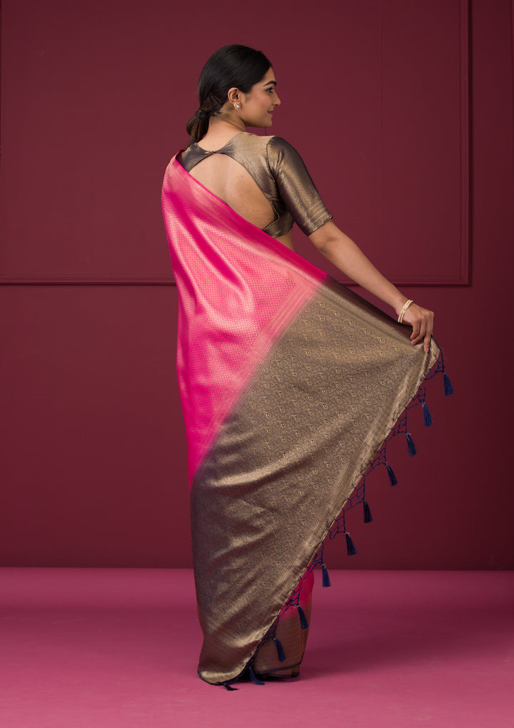 Rani Pink Silk Gold Zariwork Saree With Matching Blouse Piece