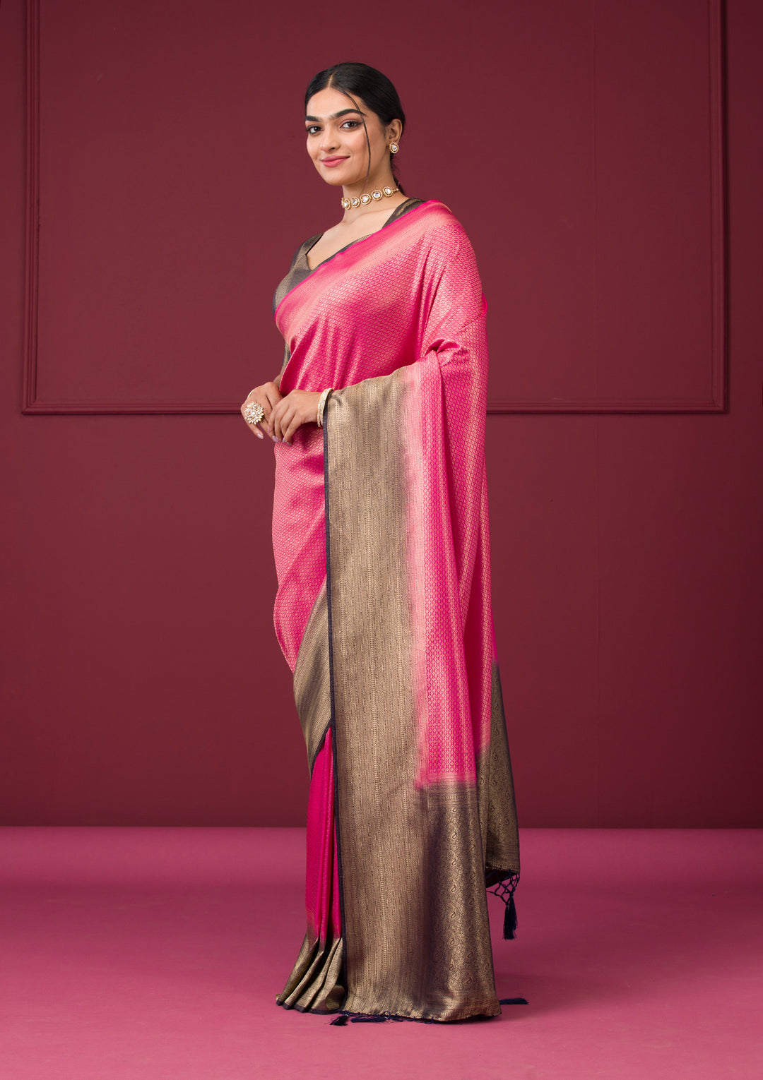 Rani Pink Silk Gold Zariwork Saree With Matching Blouse Piece