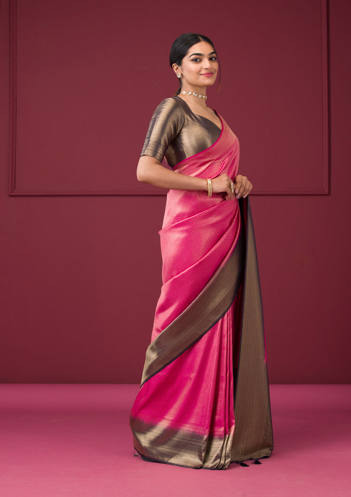 Rani Pink Silk Gold Zariwork Saree With Matching Blouse Piece