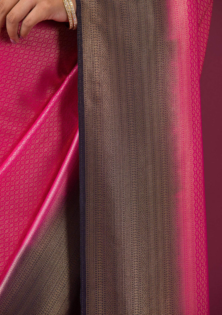 Rani Pink Silk Gold Zariwork Saree With Matching Blouse Piece